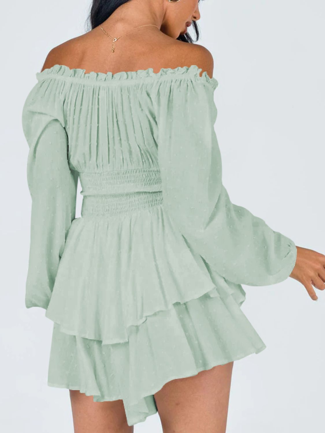 Off Shoulder Smocked Romper | Tiered Ruffle Mini Romper