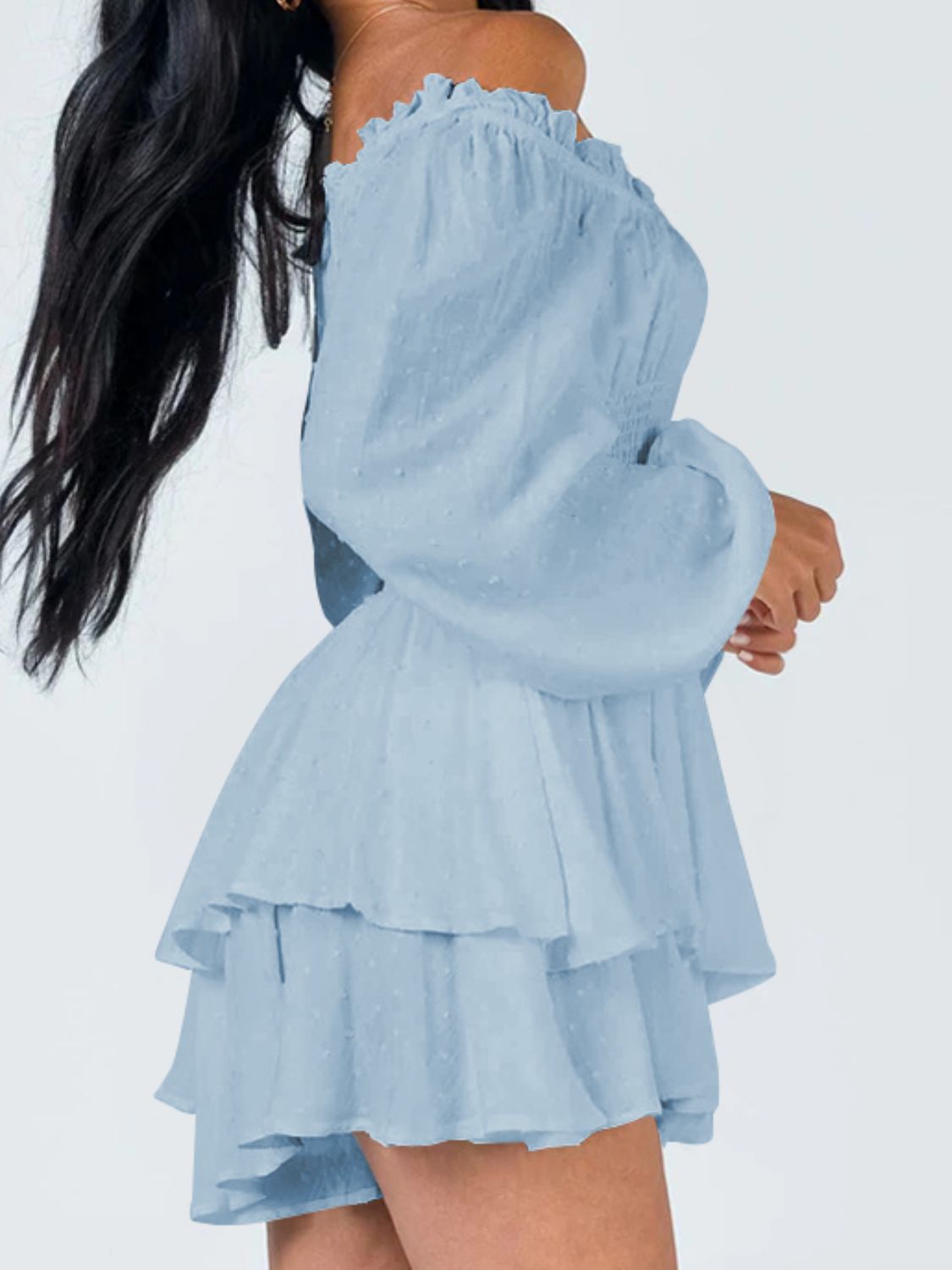 Off Shoulder Smocked Romper | Tiered Ruffle Mini Romper